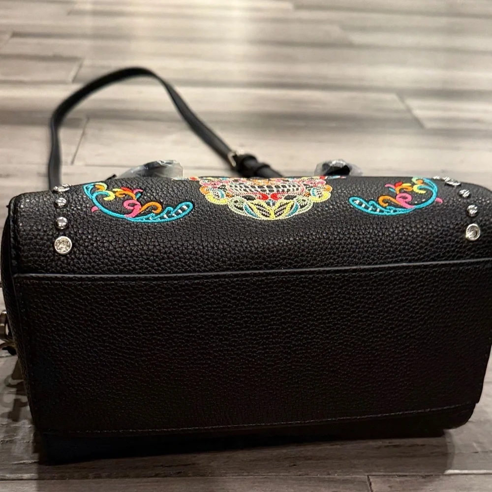 Montana West Black Satchel with Colorful Embroidered Sugar Skull